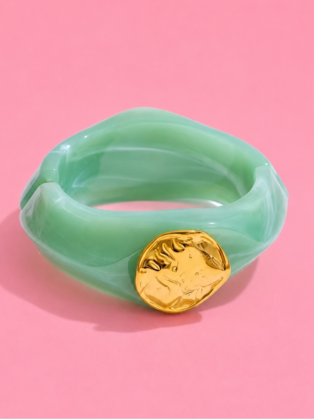 Jade Green Modern Gold Hammered Bangle Bracelet